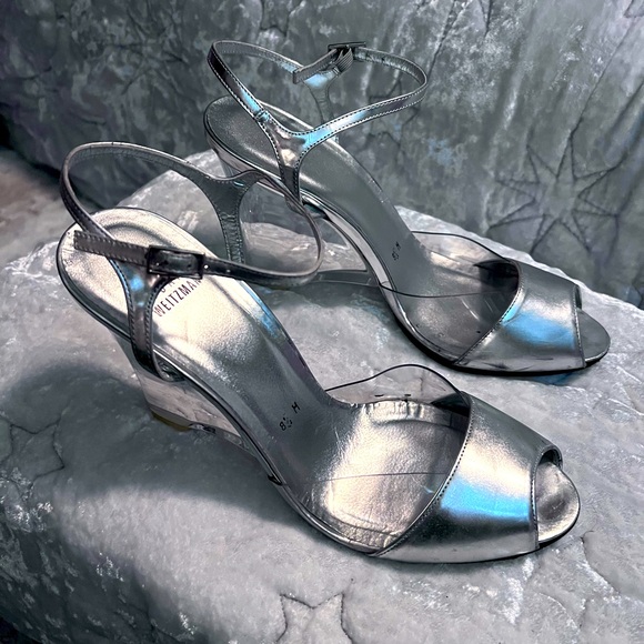STUART WEITZMAN Y2K SILVER W/LUCITE WEDGE SANDALS SIZE 8.5 - Picture 5 of 12